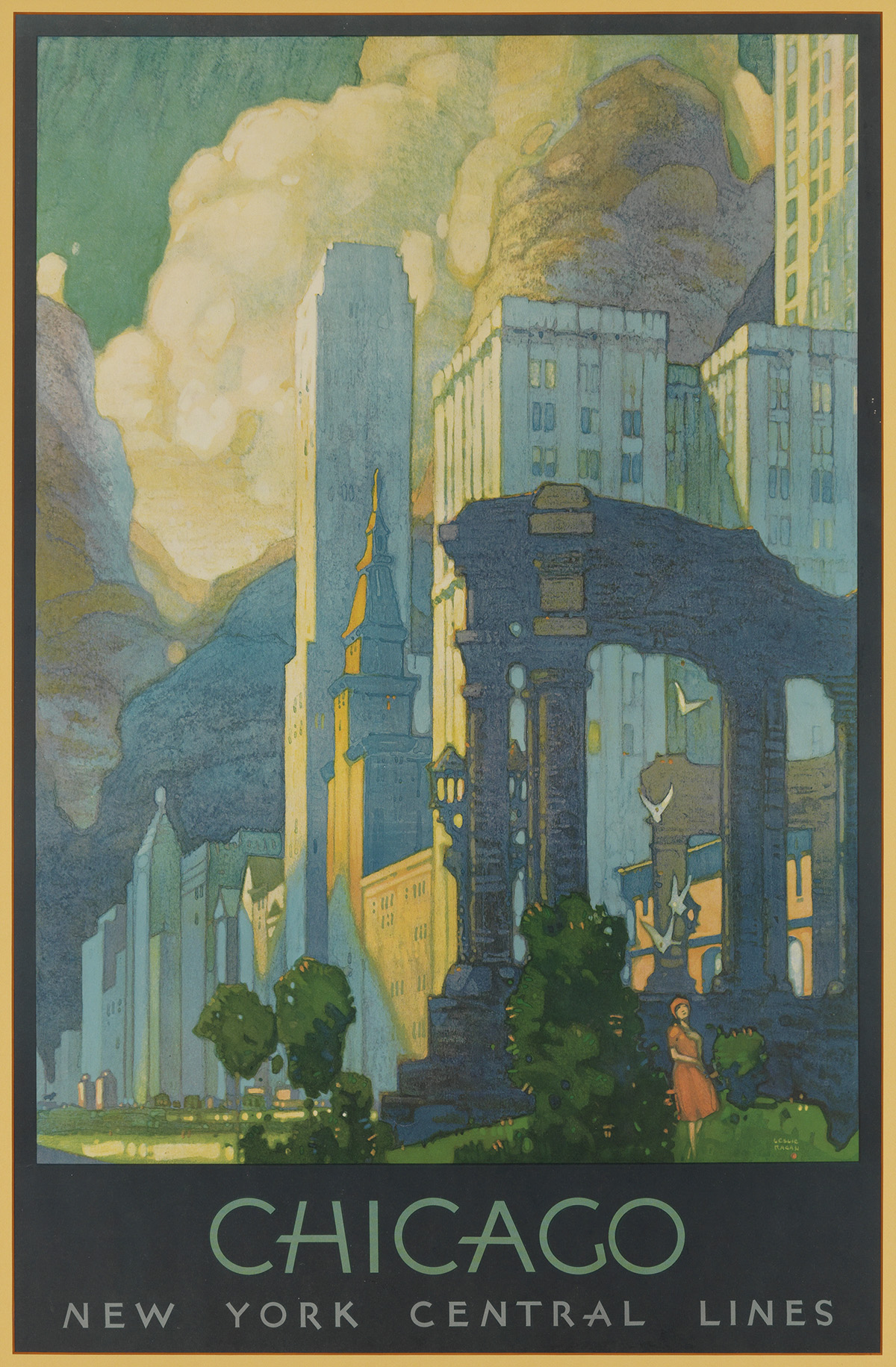 LESLIE RAGAN (1897-1972). CHICAGO / NEW YORK CENTRAL LINES. 1929. 39x25 inches, 99x64 cm. [Latham Litho. & Ptg. Co., Long Island City.]